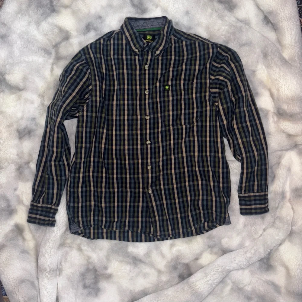 John Deere Navy and Beige Plaid Shirt - Picture 1 of 3
